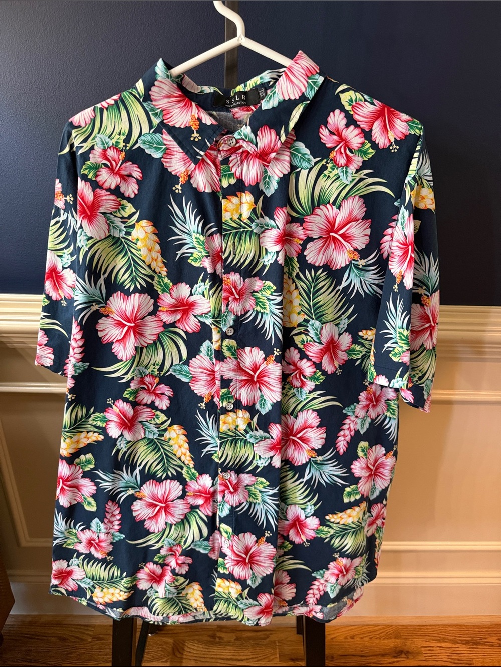 SLR Men's Navy Floral Hawaiian Button-Up Shirt - Pink & Green Print